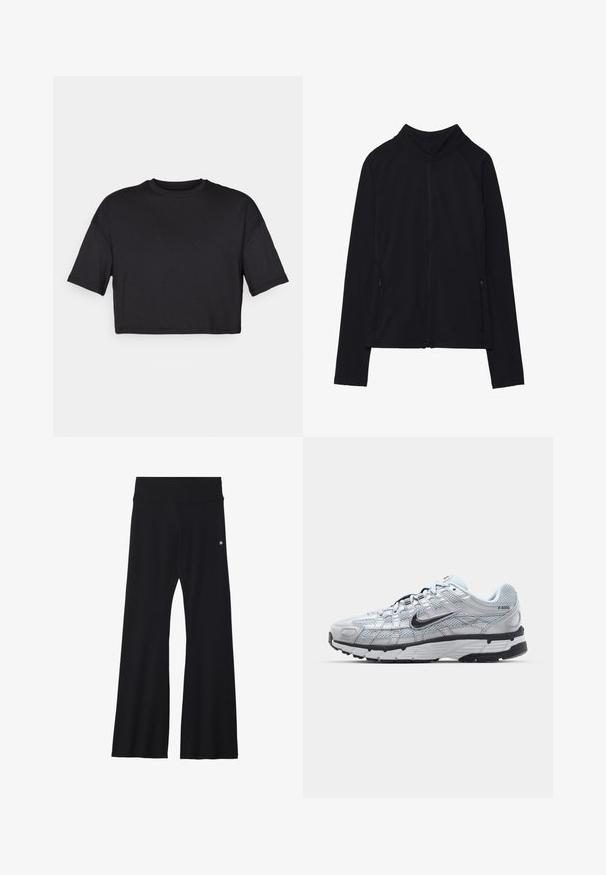 Zwarte lange mouwen jas met ritssluiting, hoge kraag en twee voorzakken met rits, plat neergelegd tegen een witte achtergrond.; Zwarte cropped t-shirt gemaakt van zachte stof, met een ronde halslijn en korte, brede mouwen, met een eenvoudig, naadloos ontwerp.; Zwarte wijde broek gemaakt van rekbare stof, met een brede tailleband en een klein logo op de heup. Gladde textuur en een broek van volledige lengte.; Nike P-6000 sneakers met een lichtgrijze mesh bovenkant, zwarte accenten en een duurzame zwarte rubberen zool. Kenmerkt zich door een ingewikkeld ontwerp en vetersysteem.