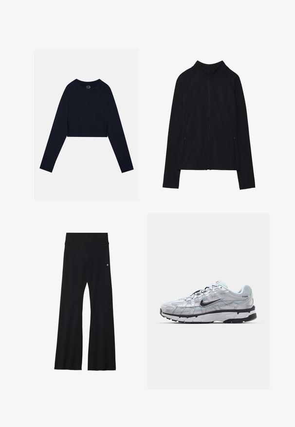 Schwarze, langärmelige Jacke mit Reißverschluss, hohem Kragen und zwei vorderen Reißverschlusstaschen, flach auf weißem Hintergrund präsentiert.; Marineblaue, kurz geschnittene Langarmbluse mit Raglanärmeln und rundem Ausschnitt. Weicher, glatter Stoff mit atmungsaktivem Mesh-Detail an den Seiten.; Schwarze ausgestellte Hose aus elastischem Material, mit breitem Bund und kleinem Logo an der Hüfte. Glatte Textur und ganzlanger Schnitt.; Nike P-6000 Sneakers mit einem Obermaterial aus leichtem grauem Mesh, schwarzen Akzenten und einer langlebigen schwarzen Gummisohle. Verfügt über ein komplexes Design und ein Schnürsystem.