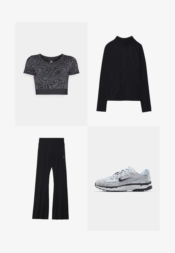 Fekete, hosszú ujjú, cipzáros dzseki magas gallérral és két elől cipzáras zsebbel, fehér háttér előtt laposan elhelyezve.; Fekete crop felső, örvénylő mintával. Rugalmas anyagból készült, kerek nyakkivágással és rövid ujjakkal. Vízszintes bordás szegéllyel.; Fekete, bővülő szárú nadrág rugalmas anyagból, széles derékrésszel és egy kis logóval a csípőnél. Sima textúrájú és teljes hosszúságú kialakítású.; Nike P-6000 sportcipő, világosszürke hálós felsőrésszel, fekete részletekkel és tartós fekete gumitalppal. Bonyolult dizájnnal és fűzőrendszerrel rendelkezik.