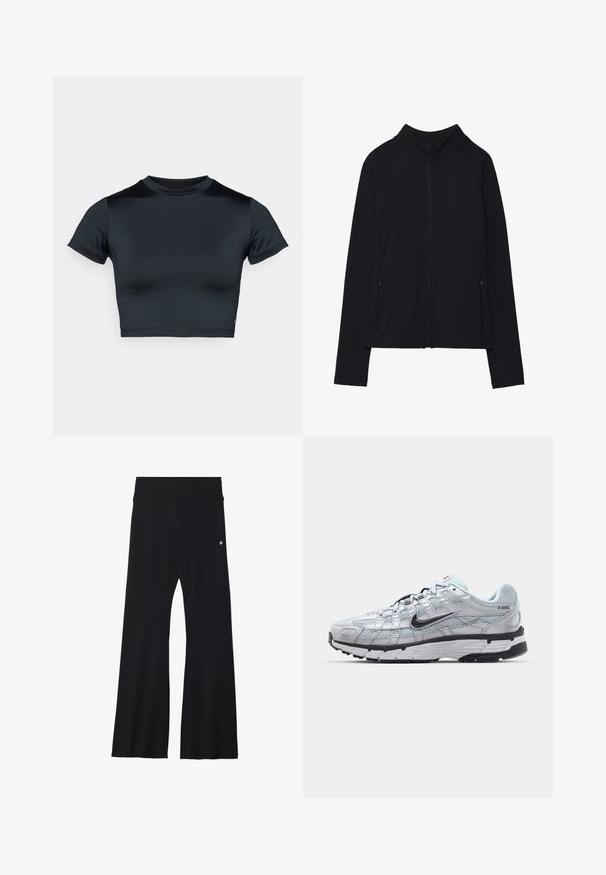 Casaco preto de mangas compridas com fecho de correr, gola alta e dois bolsos frontais com fecho, apresentado estendido sobre fundo branco.; Top cropped de manga curta em azul-marinho escuro, feito de tecido liso e elástico. Apresenta decote redondo e detalhes mínimos de costura. Sem logótipos visíveis.; Calças pretas com folga, feitas de material elástico, com uma cintura larga e um pequeno logótipo na anca. Textura lisa e design de comprimento total.; Ténis Nike P-6000 com um cabedal em malha cinza claro, detalhes em preto e uma sola de borracha preta durável. Apresenta um design intrincado e um sistema de atacadores.