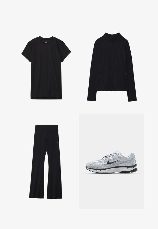 Casaco preto de mangas compridas com fecho de correr, gola alta e dois bolsos frontais com fecho, apresentado estendido sobre fundo branco.; T-shirt preta de manga curta feita de tecido liso. Apresenta um decote redondo e é lisa, sem padrões ou detalhes.; Calças pretas com folga, feitas de material elástico, com uma cintura larga e um pequeno logótipo na anca. Textura lisa e design de comprimento total.; Ténis Nike P-6000 com um cabedal em malha cinza claro, detalhes em preto e uma sola de borracha preta durável. Apresenta um design intrincado e um sistema de atacadores.
