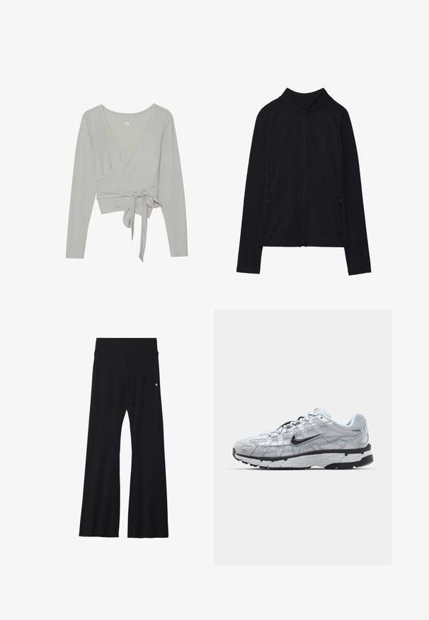 Giacca nera a maniche lunghe con zip e collo alto, due tasche frontali con zip, mostrata distesa su sfondo bianco.; Top lungo a maniche in beige chiaro con texture a costine. Presenta un profondo scollo a V e un dettaglio con cintura legata in vita.; Pantaloni neri svasati realizzati in materiale elasticizzato, con una cintura ampia e un piccolo logo sull'anca. Tessuto liscio e design a tutta lunghezza.; Sneakers Nike P-6000 con una toma superiore in mesh grigio chiaro, accenti neri e una resistente suola in gomma nera. Dotati di un design intricato e di un sistema di allacciatura.