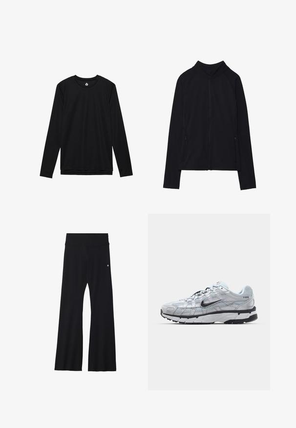 Casaco preto de mangas compridas com fecho de correr, gola alta e dois bolsos frontais com fecho, apresentado estendido sobre fundo branco.; Camisola preta de mangas compridas com decote redondo, feita de tecido liso, apresentando uma textura subtil e uma bainha recta.; Calças pretas com folga, feitas de material elástico, com uma cintura larga e um pequeno logótipo na anca. Textura lisa e design de comprimento total.; Ténis Nike P-6000 com um cabedal em malha cinza claro, detalhes em preto e uma sola de borracha preta durável. Apresenta um design intrincado e um sistema de atacadores.