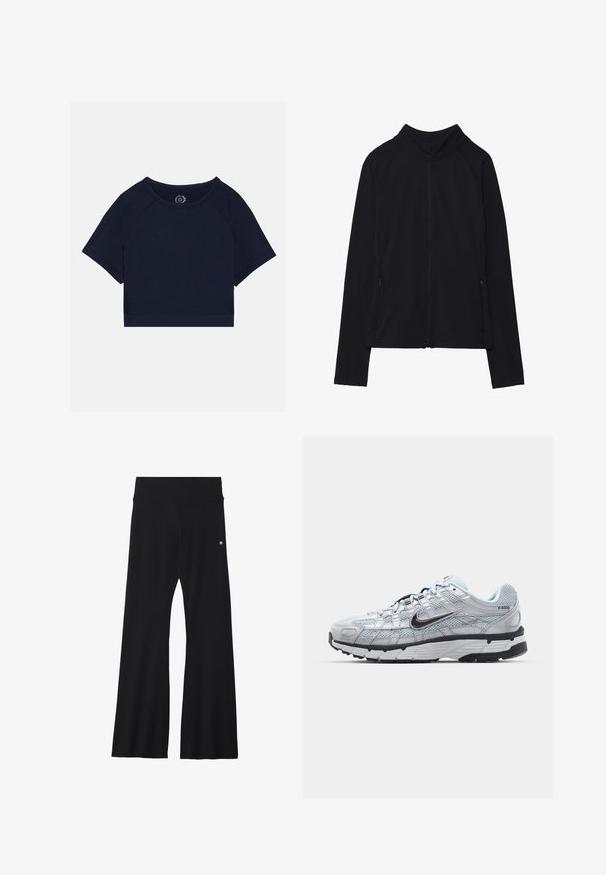 Zwarte lange mouwen jas met ritssluiting, hoge kraag en twee voorzakken met rits, plat neergelegd tegen een witte achtergrond.; Marineblauw cropped t-shirt met korte raglanmouwen, ronde halslijn en textuuraccenten aan de zijkanten. Gemaakt van zachte, comfortabele stof.; Zwarte wijde broek gemaakt van rekbare stof, met een brede tailleband en een klein logo op de heup. Gladde textuur en een broek van volledige lengte.; Nike P-6000 sneakers met een lichtgrijze mesh bovenkant, zwarte accenten en een duurzame zwarte rubberen zool. Kenmerkt zich door een ingewikkeld ontwerp en vetersysteem.