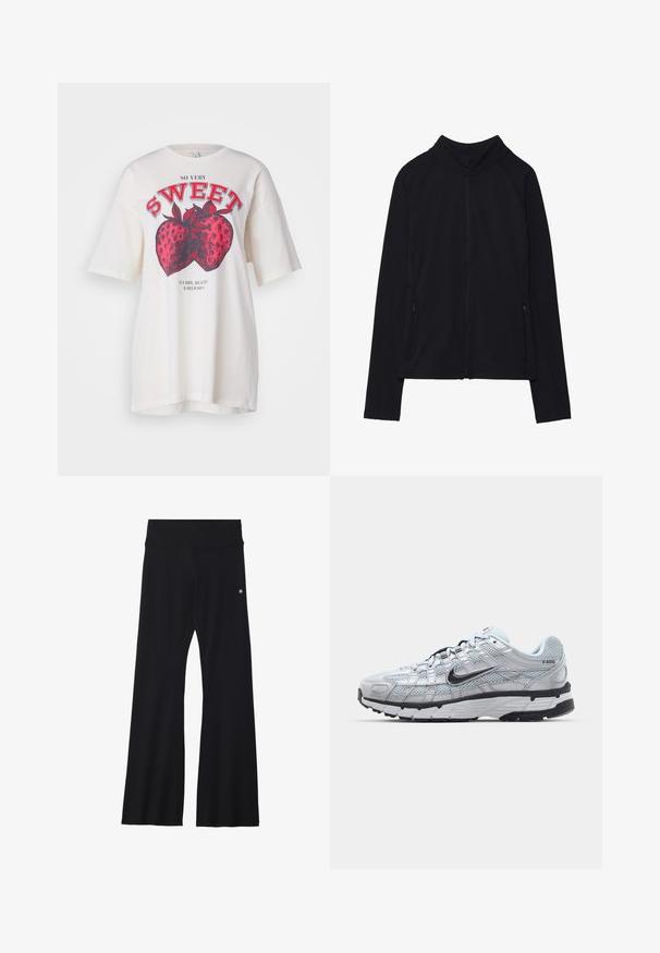 Schwarze, langärmelige Jacke mit Reißverschluss, hohem Kragen und zwei vorderen Reißverschlusstaschen, flach auf weißem Hintergrund präsentiert.; Weißes Baumwoll-T-Shirt mit einem großen roten Erdbeer-Grafik und dem Text "SO SEHR SÜSS". Lässige Passform mit kurzen Ärmeln und rundem Ausschnitt.; Schwarze ausgestellte Hose aus elastischem Material, mit breitem Bund und kleinem Logo an der Hüfte. Glatte Textur und ganzlanger Schnitt.; Nike P-6000 Sneakers mit einem Obermaterial aus leichtem grauem Mesh, schwarzen Akzenten und einer langlebigen schwarzen Gummisohle. Verfügt über ein komplexes Design und ein Schnürsystem.