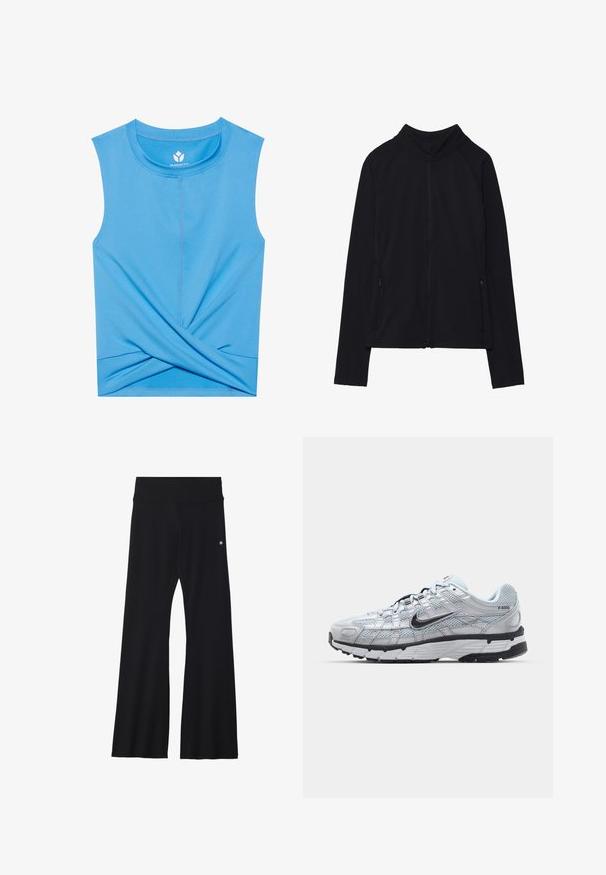 Chaqueta negra de manga larga con cremallera, cuello alto y dos bolsillos delanteros con cremallera, exhibida plana sobre un fondo blanco.; Top sin mangas azul, hecho de material suave, presenta un diseño retorcido en la parte inferior, escote redondo y costuras planas para mayor comodidad.; Pantalones negros acampanados hechos de material elástico, con una cintura ancha y un pequeño logo en la cadera. Textura suave y diseño de largo completo.; Zapatillas Nike P-6000 con parte superior de malla gris claro, acentos negros y suela de goma negra duradera. Presentan un diseño intrincado y un sistema de cordones.