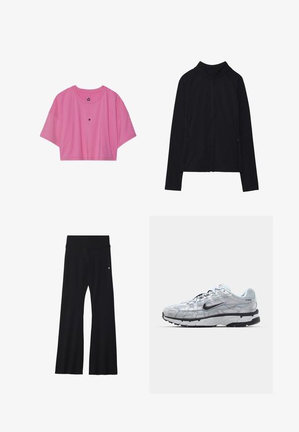 Zwarte lange mouwen jas met ritssluiting, hoge kraag en twee voorzakken met rits, plat neergelegd tegen een witte achtergrond.; Ingekorte roze sportshirt, gemaakt van gladde stof, met korte mouwen en een ronde halslijn. Klein logo gecentreerd op de borst.; Zwarte wijde broek gemaakt van rekbare stof, met een brede tailleband en een klein logo op de heup. Gladde textuur en een broek van volledige lengte.; Nike P-6000 sneakers met een lichtgrijze mesh bovenkant, zwarte accenten en een duurzame zwarte rubberen zool. Kenmerkt zich door een ingewikkeld ontwerp en vetersysteem.