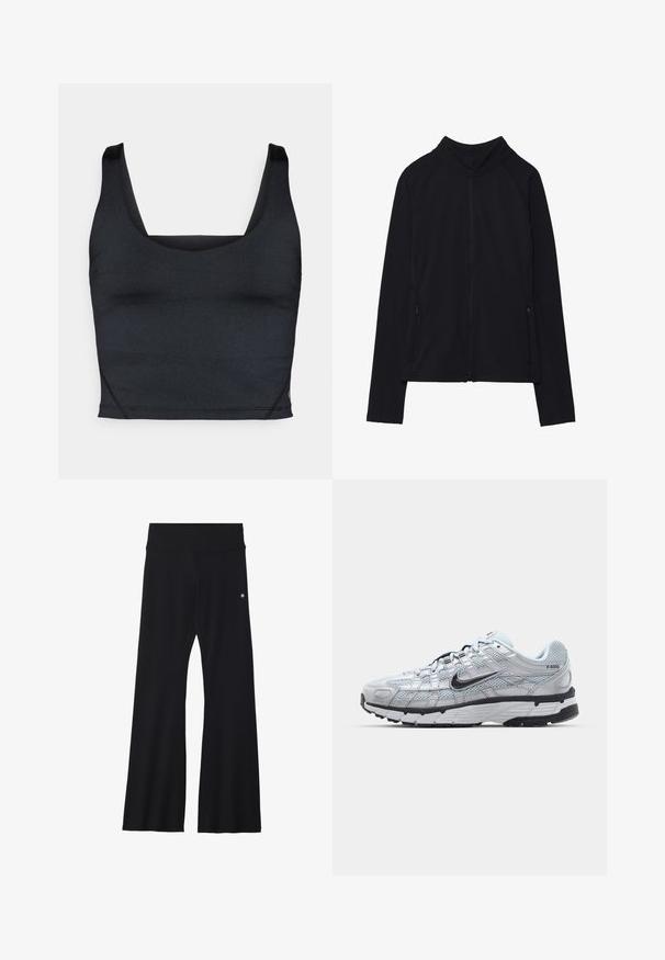 Schwarze, langärmelige Jacke mit Reißverschluss, hohem Kragen und zwei vorderen Reißverschlusstaschen, flach auf weißem Hintergrund präsentiert.; Schwarzes, kurz geschnittenes Tanktop aus glattem, dehnbarem Stoff, mit breiten Trägern und einem quadratischen Ausschnitt mit minimalen Nahtdetails.; Schwarze ausgestellte Hose aus elastischem Material, mit breitem Bund und kleinem Logo an der Hüfte. Glatte Textur und ganzlanger Schnitt.; Nike P-6000 Sneakers mit einem Obermaterial aus leichtem grauem Mesh, schwarzen Akzenten und einer langlebigen schwarzen Gummisohle. Verfügt über ein komplexes Design und ein Schnürsystem.