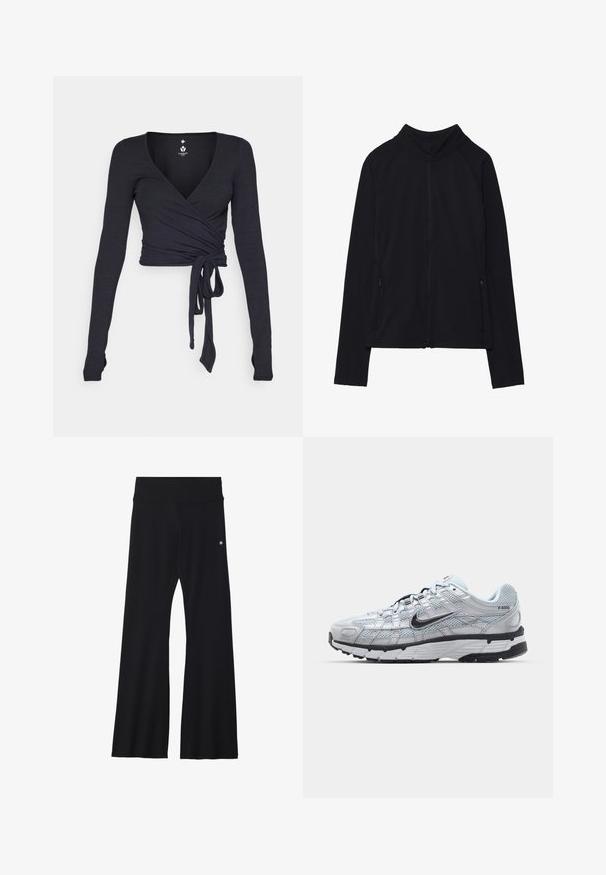 Schwarze, langärmelige Jacke mit Reißverschluss, hohem Kragen und zwei vorderen Reißverschlusstaschen, flach auf weißem Hintergrund präsentiert.; Langärmlige Wickelbluse aus dunkelblauem Stoff mit V-Ausschnitt, ausgestattet mit einem gebundenen Vorderteil und glatter Textur.; Schwarze ausgestellte Hose aus elastischem Material, mit breitem Bund und kleinem Logo an der Hüfte. Glatte Textur und ganzlanger Schnitt.; Nike P-6000 Sneakers mit einem Obermaterial aus leichtem grauem Mesh, schwarzen Akzenten und einer langlebigen schwarzen Gummisohle. Verfügt über ein komplexes Design und ein Schnürsystem.