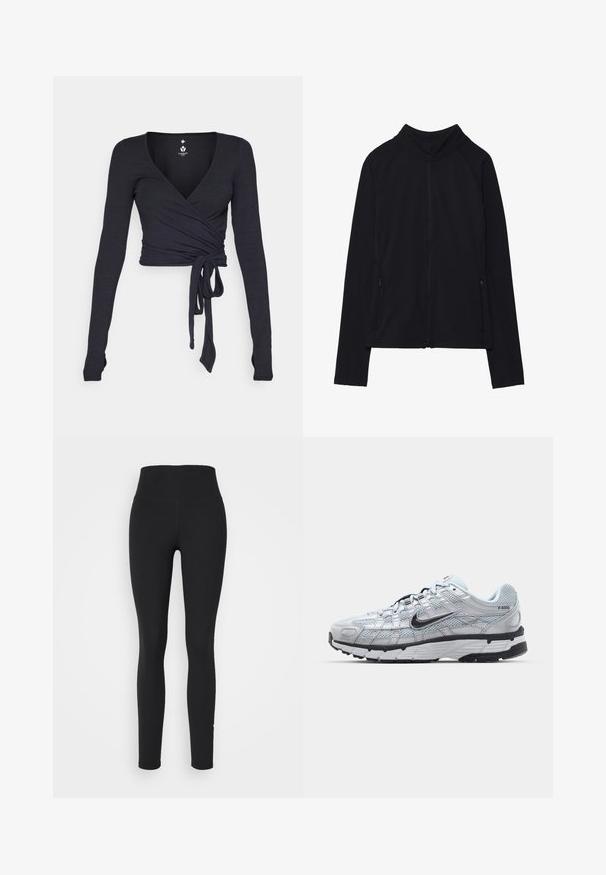 Sort langærmet lynlåsjakke med høj krave og to lynlåslommer foran, vist fladt mod en hvid baggrund.; Langærmet indpakningsbluse i mørk navy stof med v-hals, udstyret med en bundet frontdetalje og en glat tekstur.; Sorte leggings med høj talje, lavet af strækbart stof. Glat tekstur, tætsiddende ben og ingen synlige sømme eller mønstre.; Nike P-6000 sneakers med en lys grå mesh overdel, sorte accenter og en holdbar sort gummisål. Har et detaljeret design og snøresystem.