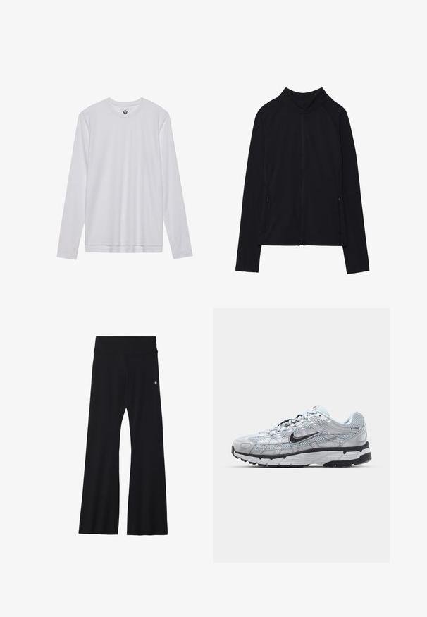 Svart langermet jakke med glidelås, høy krage og to frontlommer med glidelås, vist flat på hvit bakgrunn.; Langermet hvit t-skjorte laget av lett stoff, med rund hals, rett kant og subtilt teksturmønster. Myk finish.; Svarte vide bukser laget av elastisk materiale, med bred linning og liten logo på hoften. Jevn tekstur og hel-lang design.; Nike P-6000 sneakers med en lys grå mesh-overdel, sorte detaljer og en slitesterk svart gummisåle. Har et intrikat design og snøresystem.