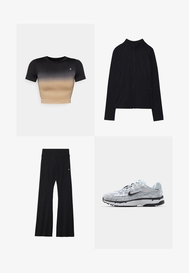 Black long-sleeve zip-up jacket with high collar and two front zippered pockets, displayed flat against white background.; Short-sleeve crop top with a gradient from black to beige. Smooth texture, round neckline, and a subtle logo on the chest.; Black flared pants made from stretchy material, featuring a wide waistband and a small logo on the hip. Smooth texture and full-length design.; Nike P-6000 sneakers with a light grey mesh upper, black accents, and a durable black rubber sole. Features intricate design and lacing system.
