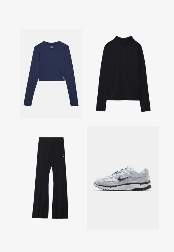 Black long-sleeve zip-up jacket with high collar and two front zippered pockets, displayed flat against white background.; Navy long-sleeve cropped top made of smooth fabric, featuring a crew neckline and a small logo on the lower right side.; Black flared pants made from stretchy material, featuring a wide waistband and a small logo on the hip. Smooth texture and full-length design.; Nike P-6000 sneakers with a light grey mesh upper, black accents, and a durable black rubber sole. Features intricate design and lacing system.