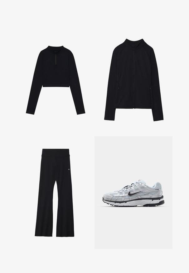 Čierna bunda na zips s dlhými rukávmi, vysokým golierom a dvoma prednými vreckami so zipsom, zobrazená na bielom pozadí.; Čierny skrátený top s dlhými rukávmi, vysokým golierom a polovičným zipsom, ktorý má otvory na palce v rukávoch a hladkú textúru.; Čierne rozšírené nohavice z elastického materiálu, s širokým pásom a malým logom na bokoch. Hladká textúra a celoplošný dizajn.; Tenisky Nike P-6000 s vrchným materiálom z jemnej šedej sieťoviny, čiernymi akcentmi a odolnou čiernou gumovou podrážkou. Obsahujú jemný dizajn a systém šnurovania.