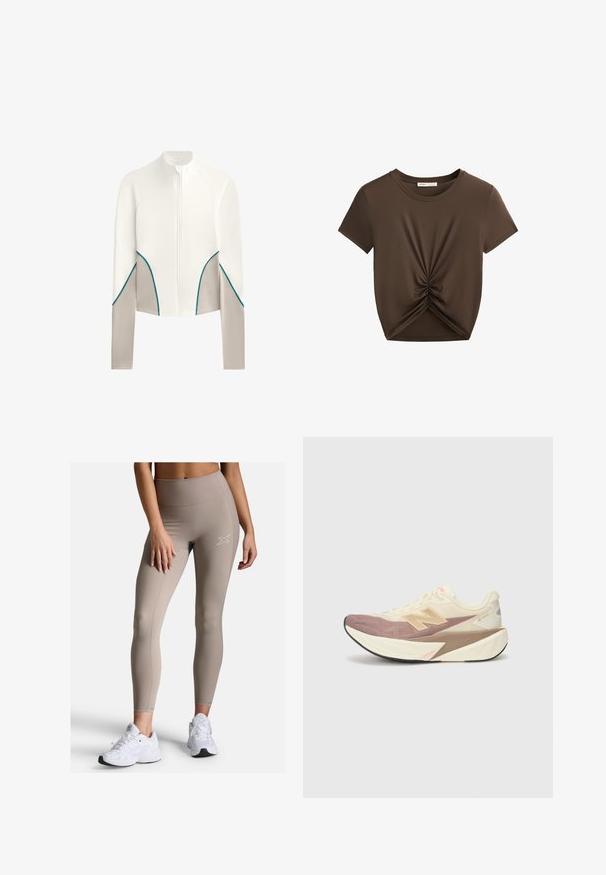 Skraćena jakna od bijele tkanine s svijetlosivim detaljima, koja ima tirkizne trake uz šavne i prednje zatvaranje na zip.; Smeđa majica kratkih rukava s detaljem čvora na dnu prednjeg rubа. Izrađena je od glatkog materijala, a ima klasični okrugli izrez.; Bež high-waisted tajice s rebrastim pojasom, glatkom teksturom i suptilnim detaljima šivanja. Uparen s bijelim sportskim cipelama.; Trkačka cipela s kremastim gornjim dijelom, ružičastim akcentima i sivoj detaljima. Ima debeli potplat s teksturiranom površinom i istaknutim logom.