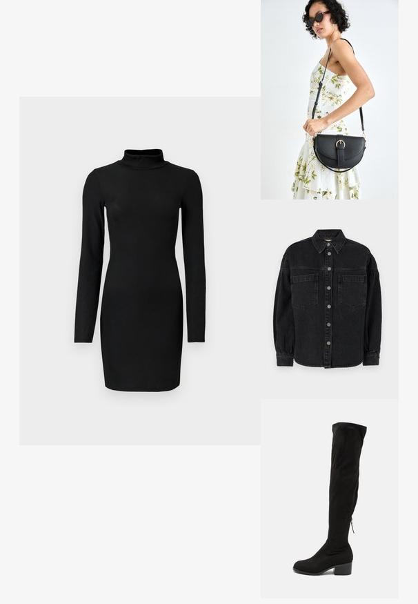 Czarna koszula dżinsowa z długimi rękawami, kołnierzykiem, dwiema kieszeniami z przodu i zapięciem na guziki. Miękka tekstura z lekko wyblakłym wykończeniem.; Czarna, prążkowana sukienka z długimi rękawami i stójką, dopasowana sylwetka oraz gładka faktura. Długość do połowy uda, bez widocznych wzorów czy akcentów.; Czarne kozaki za kolano wykonane z miękkiej zamszowej tkaniny, z blokowym obcasem i bocznym zamkiem błyskawicznym dla łatwego zakładania. Gładka tekstura.; Czarna skórzana torebka o zakrzywionym kształcie, z odpinanym paskiem i złotymi akcentami. Torebka posiada klapę z zapięciem w kształcie klamry.