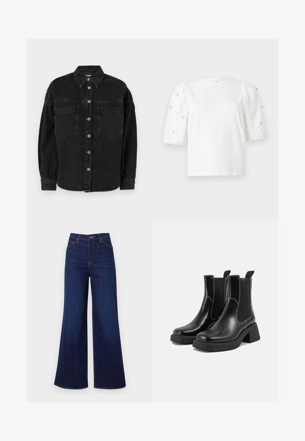 Svart denimskjorte med lange ermer, krage, to frontlommer og knappelukking. Myk tekstur med en lett falmet finish.; Hvit bomull T-skjorte med korte pufferm, med små sølvdekorasjoner langs ermene. Klassisk rund hals, avslappet passform.; Mørkeblå vide jeans laget av denim, med høy midje, fem-lommers design og kontrastfarget oransjetråd langs sømmene.; Sorte lær Chelsea støvler med en kraftig hæl, elastiske sidepaneler og kontrasterende hvid syning. Teksturert overflate.