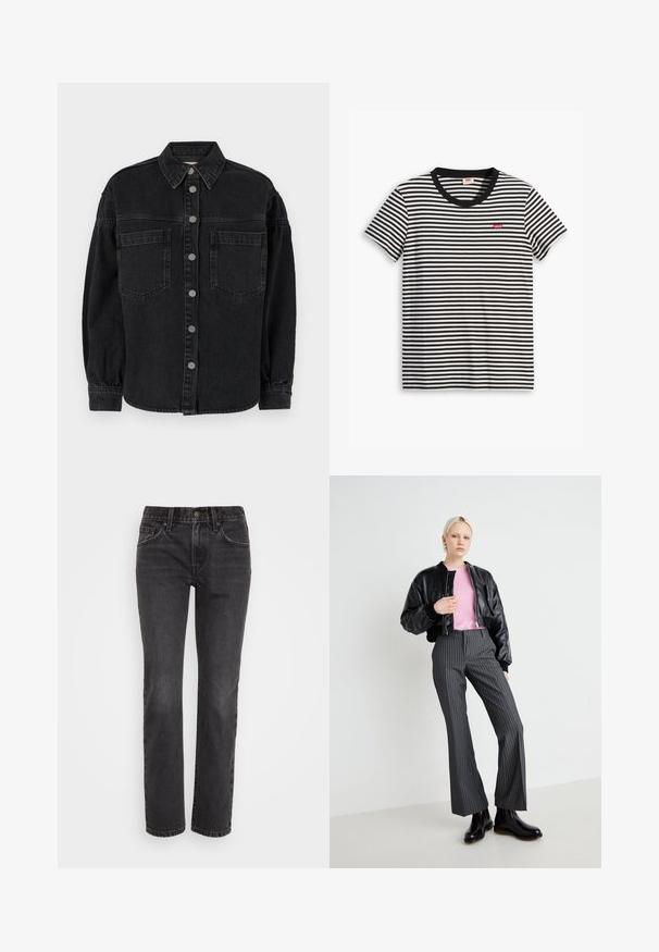 Cămașă din denim negru cu mâneci lungi, guler, două buzunare frontale și închidere cu nasturi. Textură moale cu o finisare ușor decolorată.; Tricou cu dungi alb-negru din bumbac. Dispune de un gât rotund și un mic logo roșu Levi's pe piept. Mâneci scurte.; Jeans din denim negru cu croială dreaptă, având un design clasic cu cinci buzunare, fermoar și cusături contrastante pe margini.; Jachetă bomber din piele neagră peste un pullover roz, asociată cu pantaloni largi cu dungi gri și cizme negre până la gleznă. Texturi fine și design ajustat.