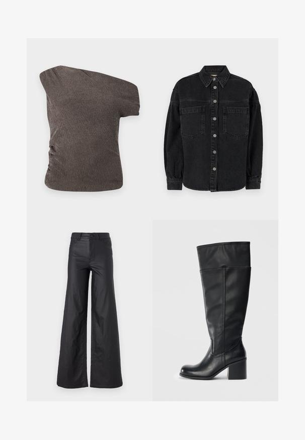 Sort denimskjorte med lange ærmer, krave, to forlommer og knaplukning. Blød tekstur med en let falmet finish.; Brun, en-skulder top med et tekstureret, krøllet stof; har en rucheret detalje i siden og en tætsiddende silhuet.; Sorte, vidde bukser i et materiale der ligner læder. Har høj talje, bæltestropper, to forlommer og stiksyninger.; Knæhøje sorte læderstøvler med blokhæle, glat tekstur og syninger langs siderne. Enkel og moderne design.