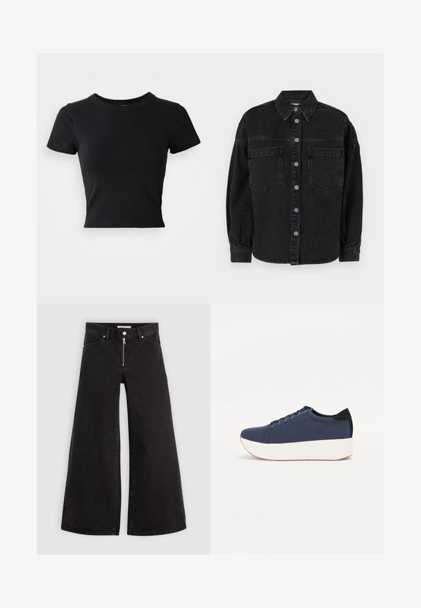 Fekete farmering hosszú ujjakkal, galléros nyakkal, két elülső zsebbel és gombos záródással. Puha tapintású, enyhén kopott hatású.; Fekete, rövid ujjú, kerek nyakú, tömör pamutból készült cropped póló, sima és letisztult dizájnnal.; Fekete denim széles szárú farmer, cipzáros elejével, öt zsebes kialakítással és diszkrét varrással. Sima textúra és laza stílus.; Sötétkék sportcipő, texturált szövet felsőrész, fehér platform talp, lekerekített orr és fekete sarok akcentussal. Hat fűzőlyuk található rajta.