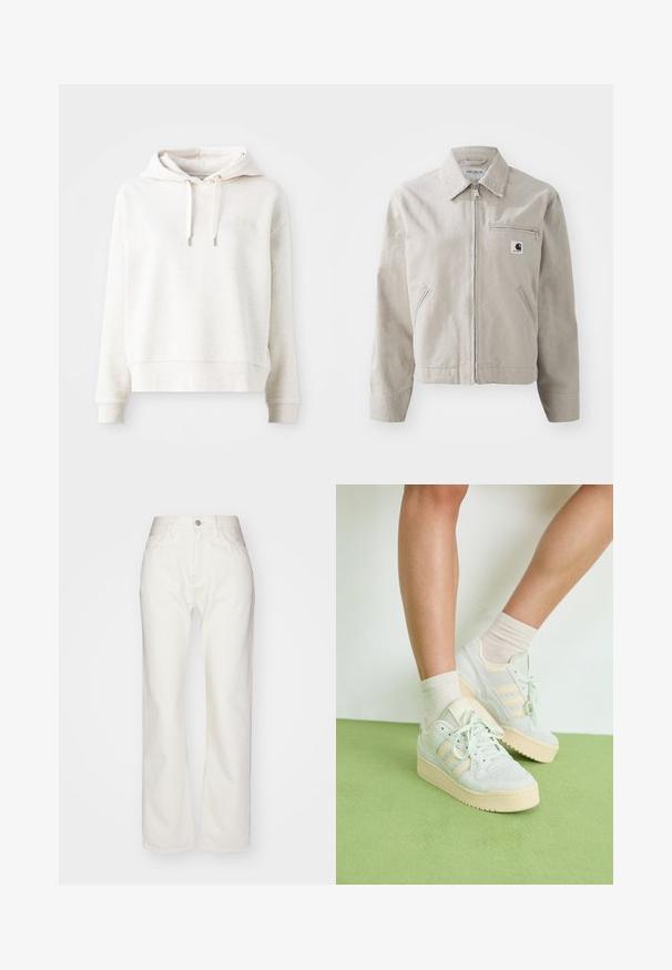 Veste en coton gris clair avec fermeture éclair sur le devant, col pointu et deux poches latérales. Comprend une poche poitrine avec fermeture éclair et étiquette de marque.; Sweat à capuche beige clair avec une texture douce, fermeture à cordon de serrage et un logo brodé simple sur la poitrine. Manches longues et coupe courte.; Pantalons en denim blanc avec une taille haute et une coupe évasée. Comprend une fermeture à bouton et à fermeture éclair, des passants de ceinture et des détails de couture subtils.; Baskets vert clair avec une surface texturée, dotées de trois rayures blanches, d'une semelle en caoutchouc crème et d'un design à lacets. Portées avec des chaussettes claires.