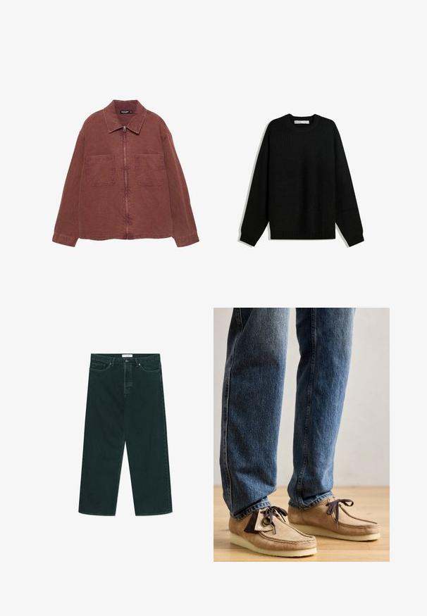 Barna cipzáros kabát, két nagy elülső zsebbel, gallérral és hosszú ujjúval, fehér háttér előtt kiállítva.; Fekete kötött pulóver kerek nyakkivágással, ejtett vállakkal, valamint bordázott mandzsettákkal és szegéllyel. A melegség érdekében textúrált anyaggal készült.; Sötétzöld, bő szabású farmernadrág gombbal és cipzárral, elülső zsebekkel és övbújtatókkal, fehér háttéren vízszintesen elhelyezve.; Barna árnyalatú velúr mokaszin sötétbarna díszítéssel, lekerekített orral és puha fehér talppal. Fűzős dizájn és varrt részletek jellemzik.