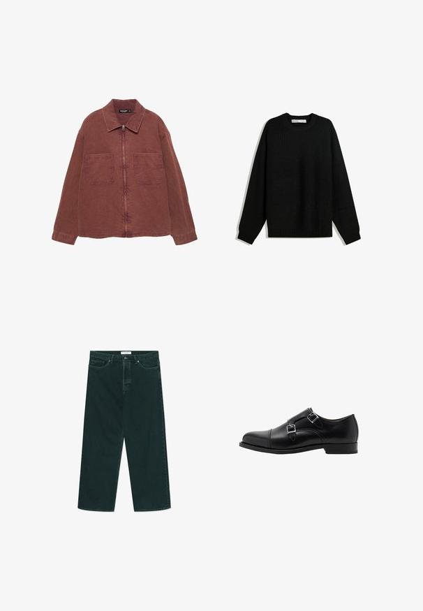 Brna zip-up jakna z dvema velikima sprednjima žepoma, ovratnikom in dolgimi rokavi, prikazana na beli podlagi.; Črna pletena jopica s krožnim izrezom, spušenimi rameni ter rebrastimi manšetami in robom. Ima teksturirano tkanino za dodatno toploto.; Temno zelene široke jeans hlače iz denima z gumbom in zadrgo, sprednjimi žepi in zankami za pas, razprostrte na beli podlagi.; Črne usnjene čevlje z dvojnim monk zapiranjem, zaobljenim prstom in srebrnimi zaponkami. Gladka tekstura in ravna peta zagotavljata stabilnost.