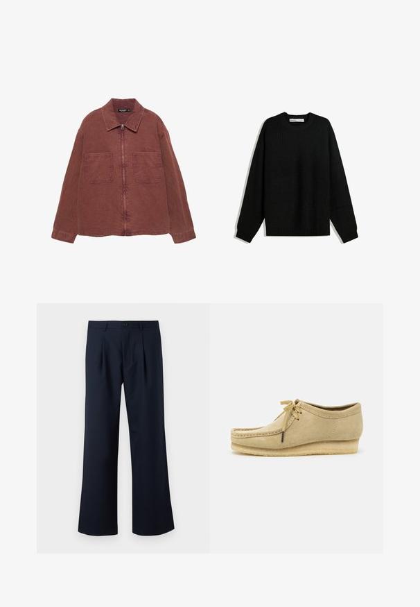 Brna zip-up jakna z dvema velikima sprednjima žepoma, ovratnikom in dolgimi rokavi, prikazana na beli podlagi.; Črna pletena jopica s krožnim izrezom, spušenimi rameni ter rebrastimi manšetami in robom. Ima teksturirano tkanino za dodatno toploto.; Mornarsko modre hlače s prilegajočim krojem, širokimi nogami, sprednjimi naborki in ene gumbom za zapiranje v pasu. Gladka tekstura blaga.; Bež antilop čevlj za vezivanje, z vmesnimi šivi in gumijastim podplatom. Oblika je sproščena z rahlo višanjem pete.