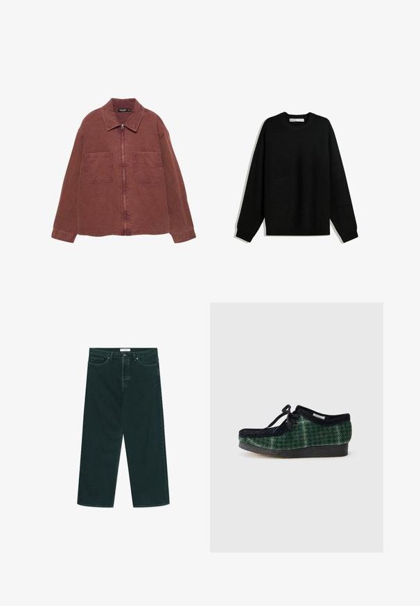 Brown zip-up jacket with two large front pockets, a collar, and long sleeves, displayed against a white background.; Black knitted sweater with a round neckline, dropped shoulders, and ribbed cuffs and hem. Features a textured fabric for warmth.; Dark green wide-leg denim jeans with button and zip closure, front pockets, and belt loops, laid flat on a white background.; Green and black patterned shoes with a suede upper, featuring a rounded toe, laces, and a textured, rubber sole.