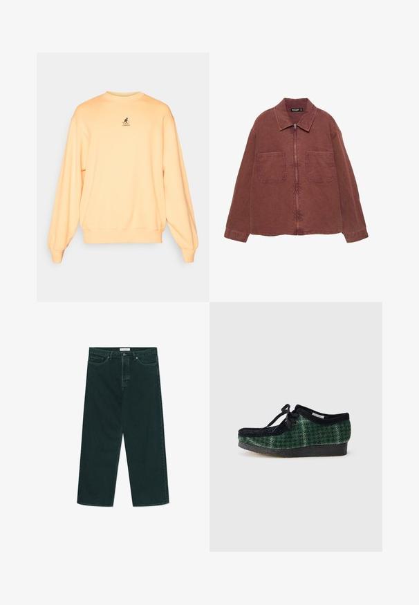 Braune Zip-Jacke mit zwei großen Fronttaschen, einem Kragen und langen Ärmeln, vor einem weißen Hintergrund präsentiert.; Helles orange Sweatshirt, aus Baumwollmischung, Rundhalsausschnitt, gerippte Bündchen und Saum, mit kleinem schwarzem Logo auf der Brust, lockere Passform, weiche Textur.; Dunkelgrüne weit geschnittene Jeans aus Denim mit Knopf- und Reißverschluss, Fronttaschen und Gürtelschlaufen, flach auf einem weißen Hintergrund ausgelegt.; Grüne und schwarze gemusterte Schuhe mit einem Obermaterial aus Wildleder, runder Zehenform, Schnürsenkeln und einer strukturierten Gummisohle.