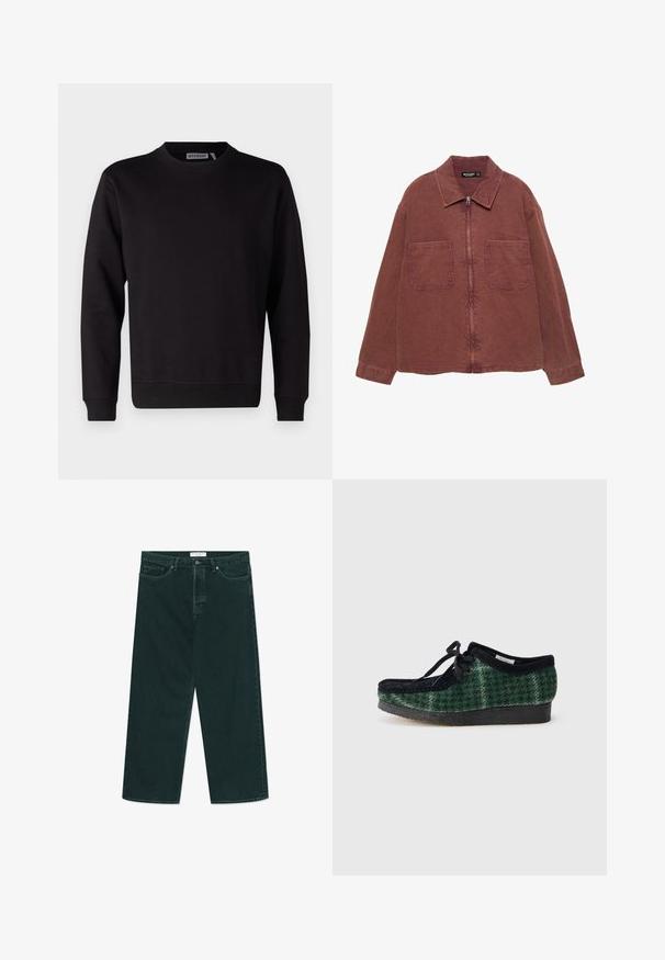 Brna zip-up jakna z dvema velikima sprednjima žepoma, ovratnikom in dolgimi rokavi, prikazana na beli podlagi.; Črna kapuca iz gladke mešanice bombaža, ki vključuje krožni ovratnik, dolge rokave ter rebraste manšete in rob. Brez vidnih vzorcev ali poudarkov.; Temno zelene široke jeans hlače iz denima z gumbom in zadrgo, sprednjimi žepi in zankami za pas, razprostrte na beli podlagi.; Zelene in črne čevlje s svojim vzorcem, z zgornjim delom iz semiša, zaobljenim prstom, vezalkami in teksturiranim gumijastim podplatom.