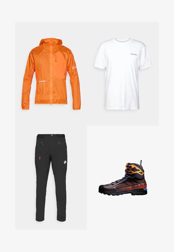 Lätt orange jacka med dragkedja framtill, huva och rutmönster. Har logotyp på vänster bröst, ficka med dragkedja och elastiska manschetter.; Vit bomull t-shirt med korta ärmar, rund hals, och en liten svart Columbia-logotyp på vänster bröst. Mjuk, enkel design.; Svarta utomhusbyxor i ett flexibelt material, med böjda sömmar, flera fickor med dragkedja och en orange accentdetalj på dragkedjan.; Svart och orange vandringskänga med nät- och gummimaterial. Har blå accenter, texturerade mönster och en hög ankeldesign för stöd.
