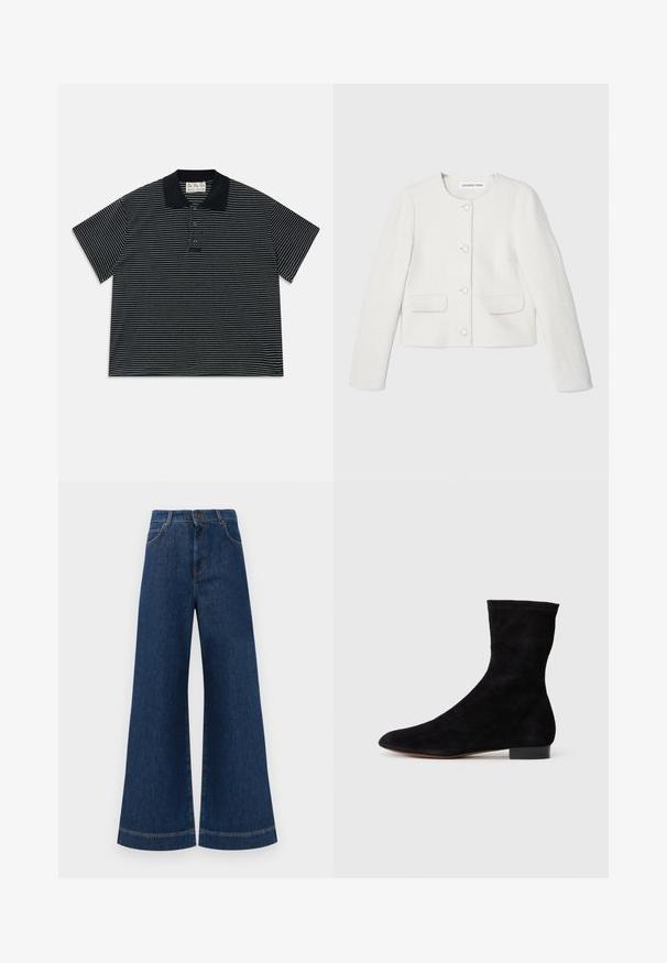 Biely skrátený kabát vyrobený z textúrovanej látky, s okrúhlym výstrihom, dlhými rukávmi, dvoma prednými vreckami a dekoračnými gombíkmi.; Čierna polokošeľa s krátkymi rukávmi, tenkými bielymi horizontálnymi pruhmi a tromi prednými gombíkmi, s čiernym golierom a textilnou etiketou vo vnútri krku.; Modré denimové nohavice so širokými nohavicami a vysokým pásom, ktoré majú gombíkový zapínanie, pútka na opasok a jemné švy pozdĺž vreciek a lemov.; Čierne semišové členkové topánky s priliehavým zvrškom, špicatou špičkou a nízkym blokovým opätkom. Hladká textúra a minimalistický dizajn, vhodné na všestranné kombinovanie.