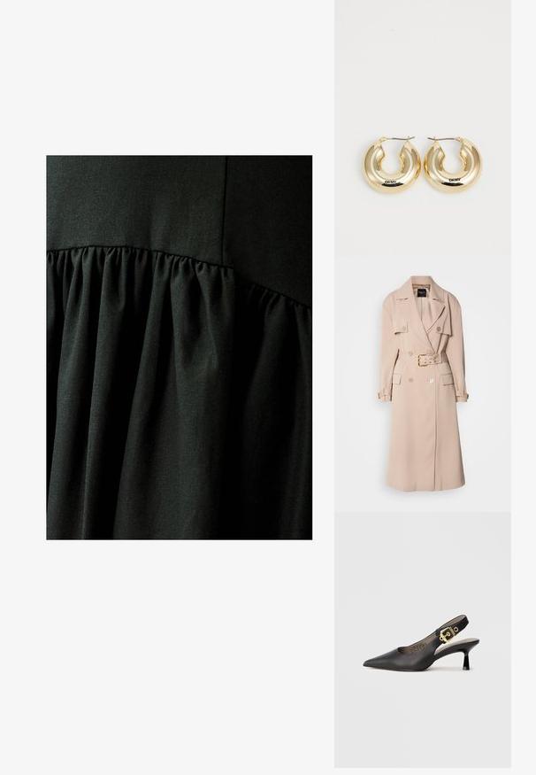 Beige trench coat with a double-breasted design, wide lapels, belted waist, and side pockets. Features gold-tone hardware and a smooth texture.; WILLA QIN - Maxi dress - black; Black slingback high-heeled shoe with a pointed toe, smooth leather texture, and a gold-tone buckle accent on the strap.; Black leather handbag with a textured finish, featuring two top handles, a detachable shoulder strap, and a silver clasp detail.; Gold hoop earrings with a smooth, rounded design and a shiny finish, featuring a clasp for securing. Engraved with "DKNY."