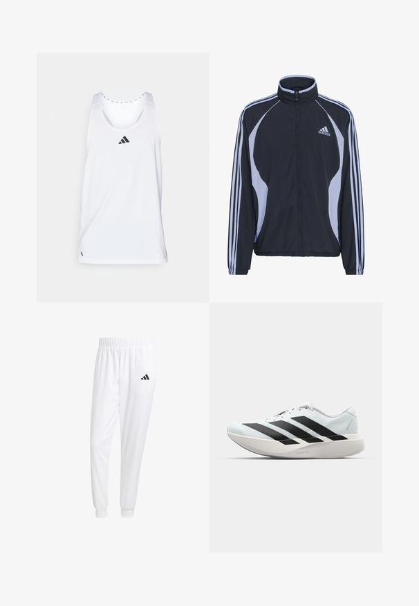 Jaqueta atlética preta com detalhes em azul claro, fecho de zíper, colarinho alto e três riscas brancas em cada manga; feita de material leve.; Camisola desportiva branca sem mangas com um decote redondo, design de alças cruzadas nas costas, logótipo preto no peito e um tecido liso e leve.; Calças esportivas brancas feitas de tecido suave, com uma cintura elástica e punhos ajustados, apresentando um logo preto no bolso de trás.; Tênis de corrida leves em azul pálido com riscas pretas. Apresentam um cabedal liso, bico redondo e uma entressola espessa branca rotulada como "LIGHTSTRIKE PRO."