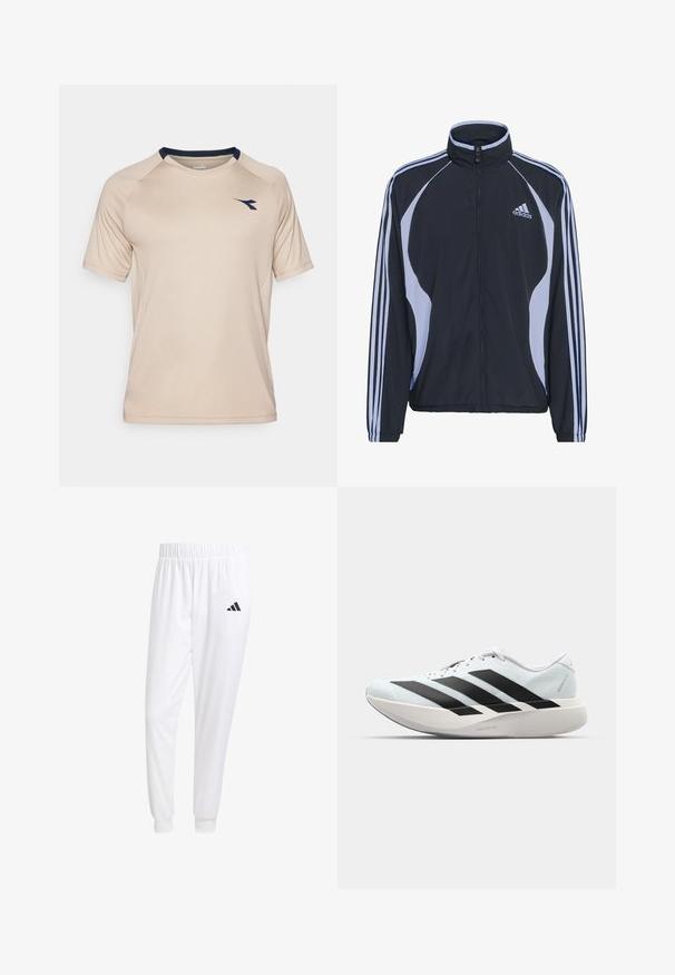 Μαύρο αθλητικό μπουφάν με ανοιχτό μπλε λεπτομέρειες, κλείσιμο με φερμουάρ, ψηλό γιακά και τρεις λευκές ρίγες σε κάθε μανίκι; κατασκευασμένο από ελαφρύ υλικό.; Μπεζ αθλητικό μπλουζάκι με στρογγυλή λαιμόκοψη, κοντά ραγλάν μανίκια και σκούρο μπλε λεπτομέρεια στη λαιμόκοψη; διαθέτει ένα μικρό λογότυπο στο στήθος.; Λευκά αθλητικά παντελόνια από λείο ύφασμα, με ελαστική μέση και εφαρμοστά μανίκια, που διαθέτουν ένα μαύρο λογότυπο στην πίσω τσέπη.; Ελαφριά αθλητικά παπούτσια τρεξίματος σε ανοιχτό μπλε με μαύρες ρίγες. Διαθέτουν λείο άνω μέρος, στρογγυλή μύτη και παχύ λευκό ενδιάμεσο πέλμα που φέρει την ετικέτα "LIGHTSTRIKE PRO."