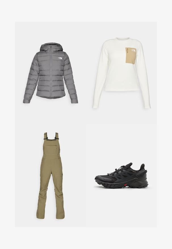 Grijze pufferjack met capuchon, met horizontale stiksels, een rits aan de voorkant en het 'The North Face' logo op de linkerborst.; Witte longsleeve shirt gemaakt van een gestructureerde stof met een beige patch zak voorzien van een trekkoord en logo.; Olijfgroene overall gemaakt van duurzaam materiaal, met verstelbare banden, een voorzak met rits en twee zijzakken. Modern, functioneel ontwerp.; Zwarte sportieve schoenen met een gestructureerde bovenkant, voorzien van een veilig vetersysteem, een gevoerde zool en een opvallende rode accent aan de zijkant.