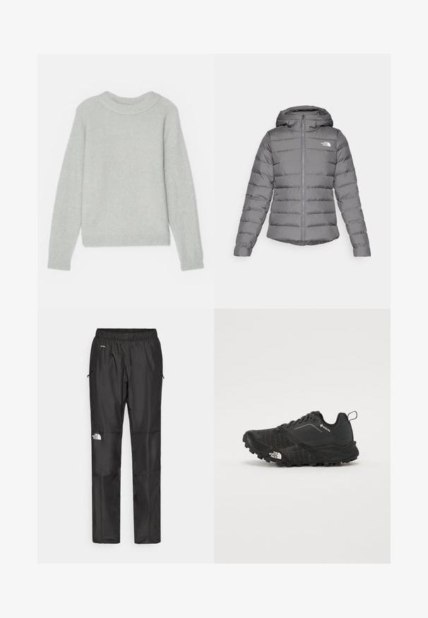 Grå hettejakke med puffer, med horisontalt søm, frontlås og "The North Face"-logo på venstre bryst.; Lys grå strikkegenser med ribbestrikket rund hals og ribbestrikkede mansjetter. Klassisk passform og myk tekstur, uten synlige mønstre eller design.; Sorte vanntette bukser laget av lettvektig stoff, med elastisk midjebånd, sidelommer og en logo på venstre ben.; Svart idrettssko med en teksturert overdel, snøring og en gummisåle. Har forsterket hæl og en logo på siden.