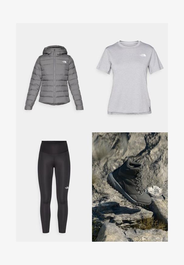 Šedá péřová bunda s kapucí, s horizontálním prošíváním, předním zipem a logem "The North Face" na levé hrudi.; Šedé tričko s krátkým rukávem vyrobené z měkké, vlhkosti odvádějící tkaniny. Obsahuje kulatý výstřih a malé bílé logo na levém horním rukávu.; Černé legíny vyrobené z hladkého, elastického materiálu. Vysoký pas se subtilním potiskem loga na levé noze. Žádné viditelné švy.; Tmavě šedá turistická bota vyrobená z syntetického materiálu, s polstrovaným límcem, kovovými oky a texturovanou gumovou podrážkou pro lepší trakci.