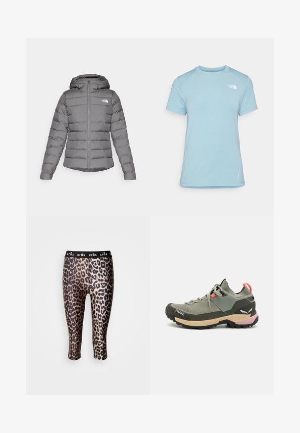 Sivá nafukovacia bunda s kapucňou, so svetlým horizontálnym prešívaním, predným zipsom a logom "The North Face" na ľavej hrudi.; Svetlo modré tričko s krátkym rukávom a okrúhlym výstrihom. Má mäkkú tkaninu, raglánové rukávy a biele logo v hornej ľavej časti hrudníka.; Zkrátené legíny vyrobené z elastického materiálu s čierno-zlatým leopardím vzorom a čiernym elastickým pásom.; Ľahká zelená turistická obuv so sieťovinou a gumovými materiálmi, čiernou trakčnou podrážkou, ružovými a oranžovými akcentami a zosilnenou špičkou.