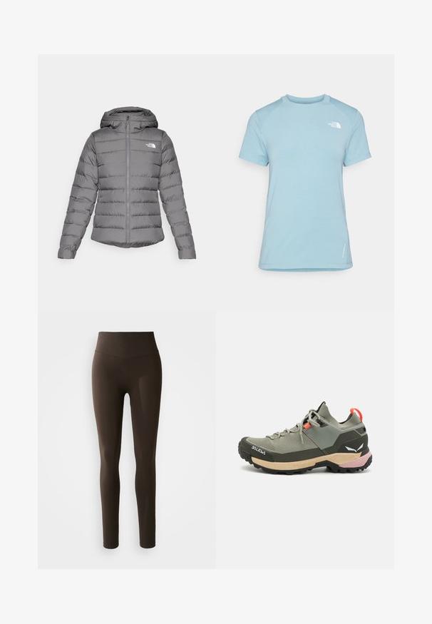 Chaqueta de plumas gris con capucha, con costuras horizontales, un cierre frontal y el logo "The North Face" en el lado izquierdo del pecho.; Camiseta de manga corta azul claro con cuello redondo. Presenta una tela suave, mangas raglán y un logo blanco en la parte superior izquierda del pecho.; Leggings marrones hechos de un material elástico con una cintura alta. Presentan una textura suave y un diseño ceñido. Sin patrones visibles.; Zapatilla de senderismo ligera en verde, con materiales de malla y goma, suela traccionadora negra, acentos en rosa y naranja, y protección reforzada en la puntera.