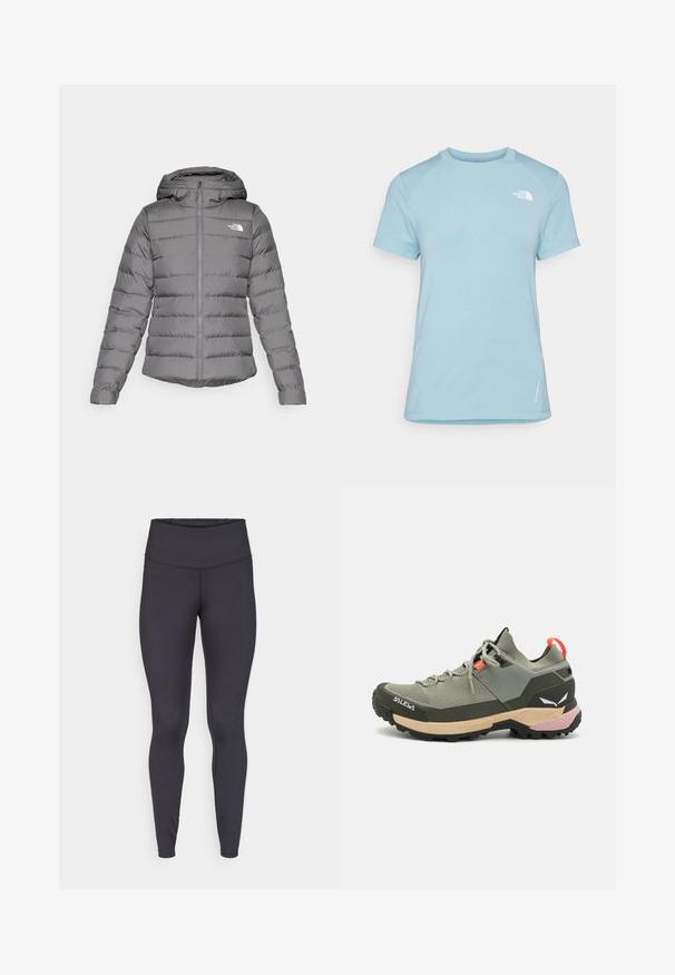 Grey puffer jacket with a hood, featuring horizontal stitching, a front zipper, and "The North Face" logo on the left chest.; Light blue short-sleeve t-shirt with a crew neck. Features soft fabric, raglan sleeves, and a white logo on the upper left chest.; High-waisted black leggings made of stretchy fabric, featuring a smooth texture and a streamlined fit with minimal seams.; Lightweight green hiking shoe with mesh and rubber materials, black traction outsole, pink and orange accents, and reinforced toe cap.
