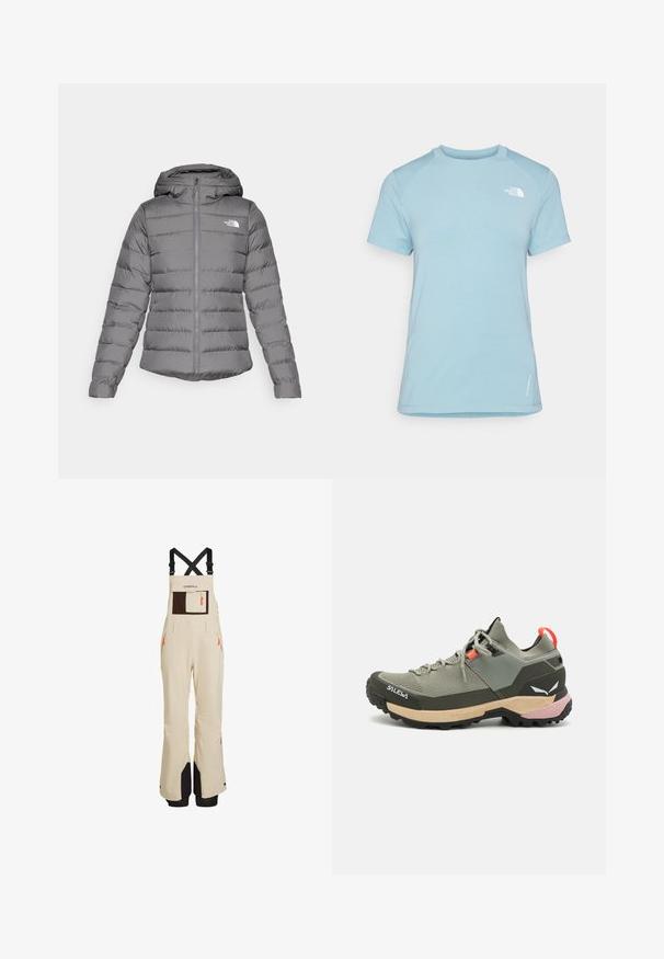 Veste en duvet grise avec capuche, dotée de coutures horizontales, d'une fermeture éclair à l'avant et du logo "The North Face" sur la poitrine gauche.; T-shirt bleu clair à manches courtes avec un col rond. Il présente un tissu doux, des manches raglan et un logo blanc sur le côté gauche de la poitrine.; Pantalons de neige beiges avec des bretelles noires réglables, dotés d'une grande poche poitrine marron, de poches latérales zippées et d'accents noirs en bas.; Chaussure de randonnée légère verte avec des matériaux en mesh et en caoutchouc, semelle extérieure noire antidérapante, accents roses et oranges, et capuchon renforcé.