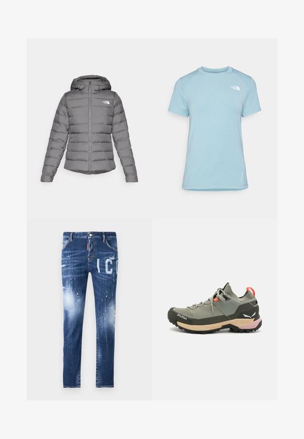 Sivá nafukovacia bunda s kapucňou, so svetlým horizontálnym prešívaním, predným zipsom a logom "The North Face" na ľavej hrudi.; Svetlo modré tričko s krátkym rukávom a okrúhlym výstrihom. Má mäkkú tkaninu, raglánové rukávy a biele logo v hornej ľavej časti hrudníka.; Džínsy v tmavomodrej farbe s opotrebovanými detailmi, rozliatymi efektmi a veľkým bielym písmom. Obsahujú klasický dizajn s piatimi vreckami.; Ľahká zelená turistická obuv so sieťovinou a gumovými materiálmi, čiernou trakčnou podrážkou, ružovými a oranžovými akcentami a zosilnenou špičkou.