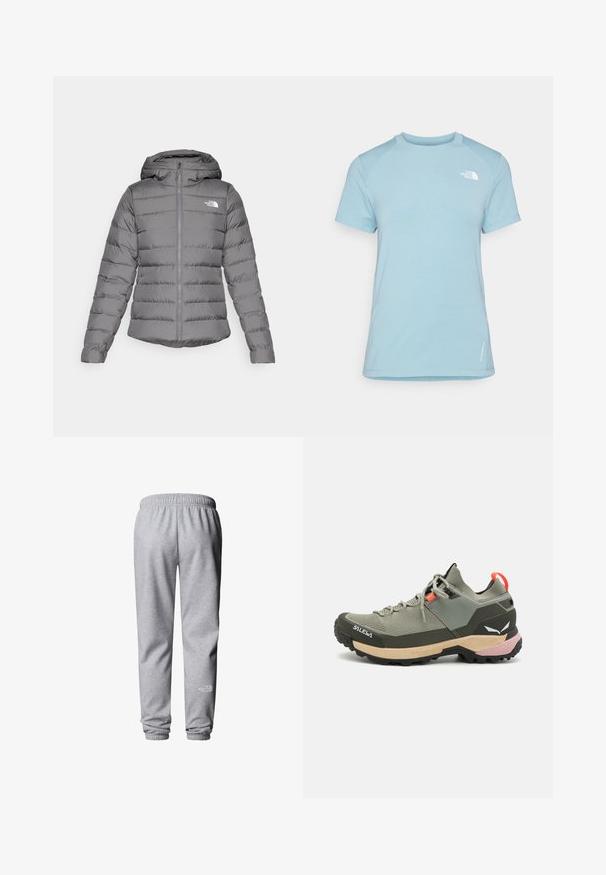 Szara kurtka puchowa z kapturem, z poziomym przeszyciem, z zamkiem z przodu i logiem "The North Face" na lewej piersi.; Jasnoniebieska koszulka z krótkim rękawem i okrągłym dekoltem. Wykonana z miękkiego materiału, z rękawami typu raglan oraz białym logo na górnej części lewej piersi.; The North Face - Spodnie treningowe; Lekkie zielone buty trekkingowe z siateczkowymi i gumowymi materiałami, czarną podeszwą zapewniającą przyczepność, różowymi i pomarańczowymi akcentami oraz wzmocnionym czubkiem.