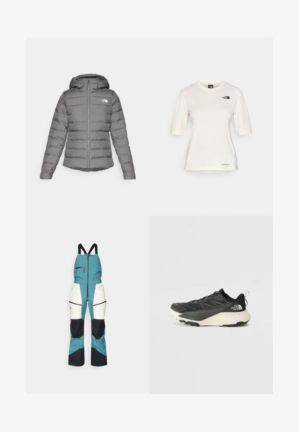 Giacca a vento grigia con cappuccio, caratterizzata da cuciture orizzontali, una zip frontale e il logo "The North Face" sul lato sinistro del petto.; The North Face SHADOW SHORT SLEEVE - T-Shirt sport - white dune; Peak Performance VERTICAL GORE-TEX PRO BIB - Pantaloni da sci - hydro fresh/sand fog; Scarpa da ginnastica nera con tomaia testurizzata, con accenti grigi e un sottopiede bianco. Include una linguetta sul retro e un logo del marchio ben visibile sul tallone.