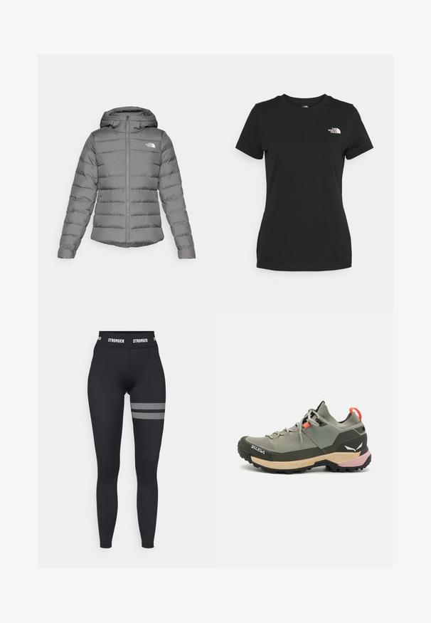 Grey puffer jacket with a hood, featuring horizontal stitching, a front zipper, and "The North Face" logo on the left chest.; Black cotton t-shirt featuring a crew neckline and short sleeves. Notable white logo on the upper left side. Smooth texture, casual fit.; Black leggings with a high waist, featuring a white "STRONGER" logo on the waistband and mesh accents in horizontal stripes on the thigh.; Lightweight green hiking shoe with mesh and rubber materials, black traction outsole, pink and orange accents, and reinforced toe cap.