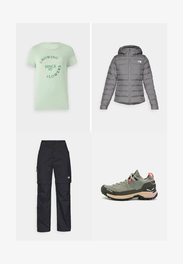 Pelēks pūšamais jaciņš ar kapuci, ar horizontālu šuvju rakstu, priekšējo rāvējslēdzēju un "The North Face" logo kreisajā krūtī.; Gaiši zaļš kokvilnas t-krekls ar īsām piedurknēm. Priekšpusē ir apaļš teksts: "Ziedu audzēšana kopš 07" zaļā un rozā krāsā. Apaļa dekoltē forma.; Melni nailona bikses ar noņemamām kājām, regulējamiem uzmavām, vairākām kabatām un logotipu uz labās kājas. Gluda, viegla tekstūra.; Gaisais zaļais pārgājienu apavi ar sietveida un gumijas materiāliem, melna saķeres ziņķis, rozā un apelsīnu akcenti, kā arī pastiprināts purngals.
