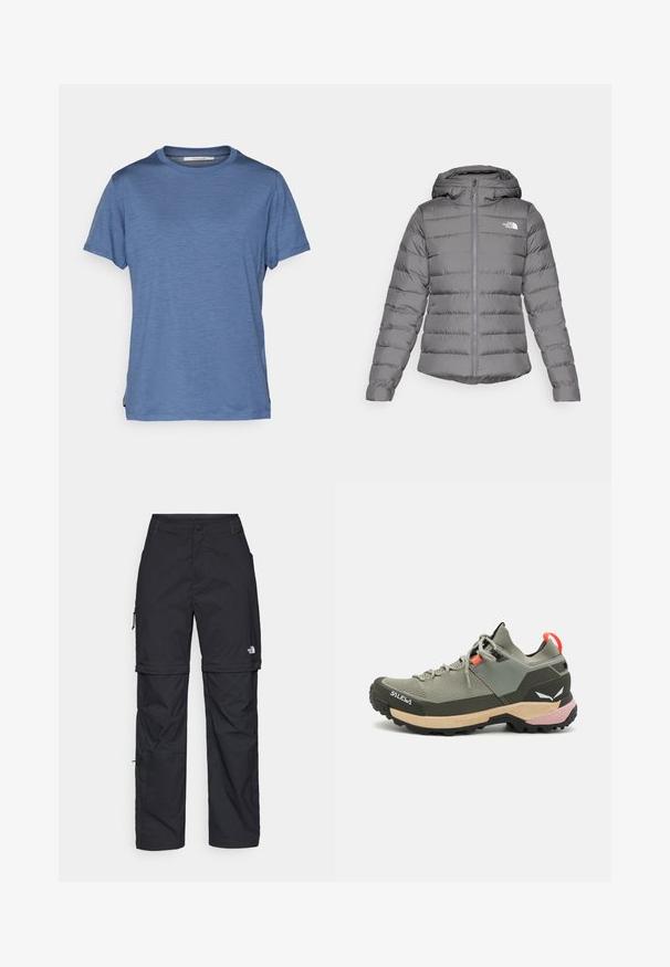 Grå hettejakke med puffer, med horisontalt søm, frontlås og "The North Face"-logo på venstre bryst.; Kortermet blå t-skjorte laget av lett materiale, med rund hals og en subtil tekstur, samt sidesplitt i kanten.; Svarte nylon cargo-bukser med glidelås og justerbare mansjetter, flere lommer og en logo på høyre bein. Glatt, lett tekstur.; Lettvekts grønn tur-sko laget av mesh og gummimaterialer, svart såle med godt grep, rosa og oransje detaljer, og forsterket tåhette.