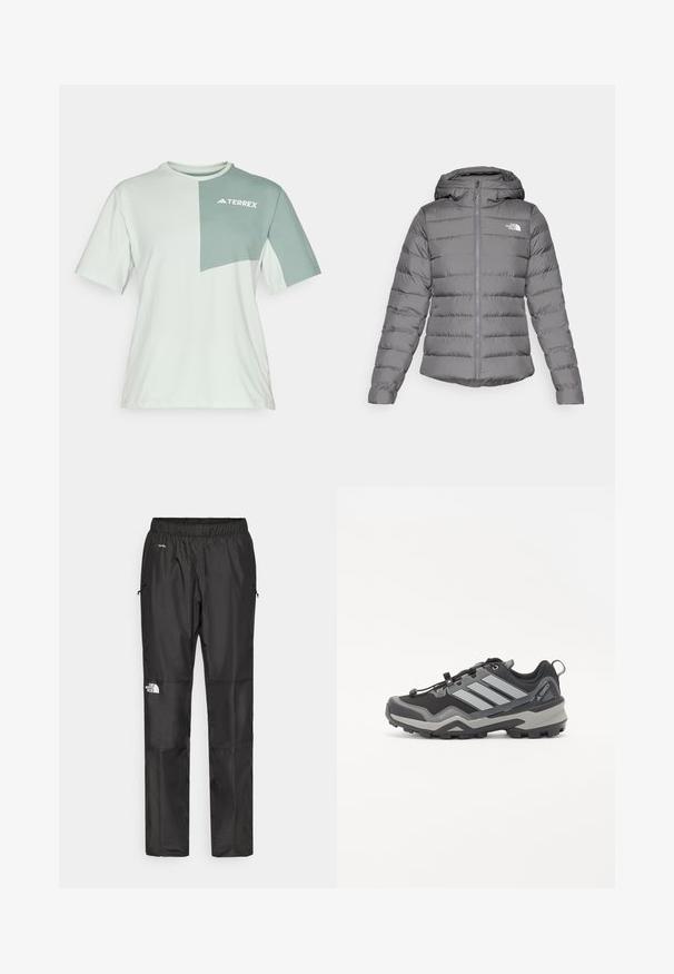 Pilkas pūkinis džemperis su gobtuvu, horizontalios siūlės, priekinis užtrauktukas ir "The North Face" logotipas kairėje krūtinės pusėje.; Šviesiai žalia trumpa rankovė marškinėliai, su tamsesniu žaliu lopu ir baltu "TERREX" logotipu, pagaminti iš minkštos, kvėpuojančios medžiagos.; Juodi nepralaidūs vandeniui kelnių, pagamintų iš lengvos medžiagos, su elastingu juosmeniu, šoninėmis kišenėmis ir logotipu kairiajame šone.; Juodos ir pilkos spalvos žygių bateliai su tekstūruota paviršiumi, guma padangoje ir trimis ryškiai pilkomis juostelėmis šone; turi greito užrišimo sistemą.